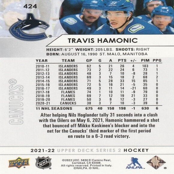 Travis Hamonic - 2021/2022 Upper Deck Series 2 Hockey Card - Picture 2 of 2